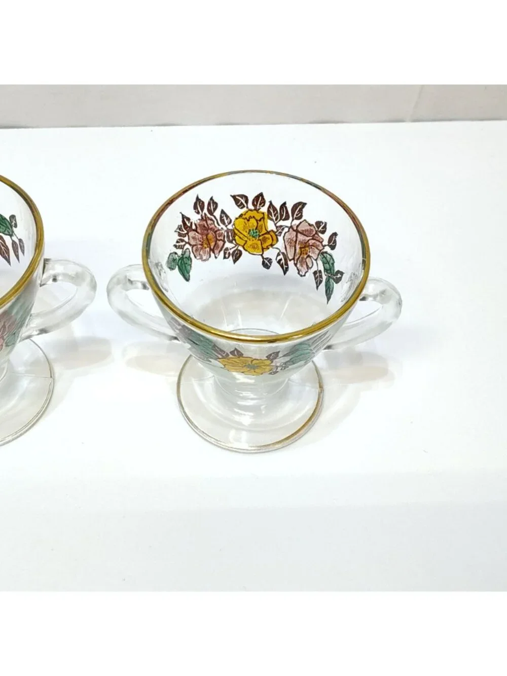 Vintage Glass Creamer & Sugar Set Floral Design Gold Rim Accents Artist Unknown